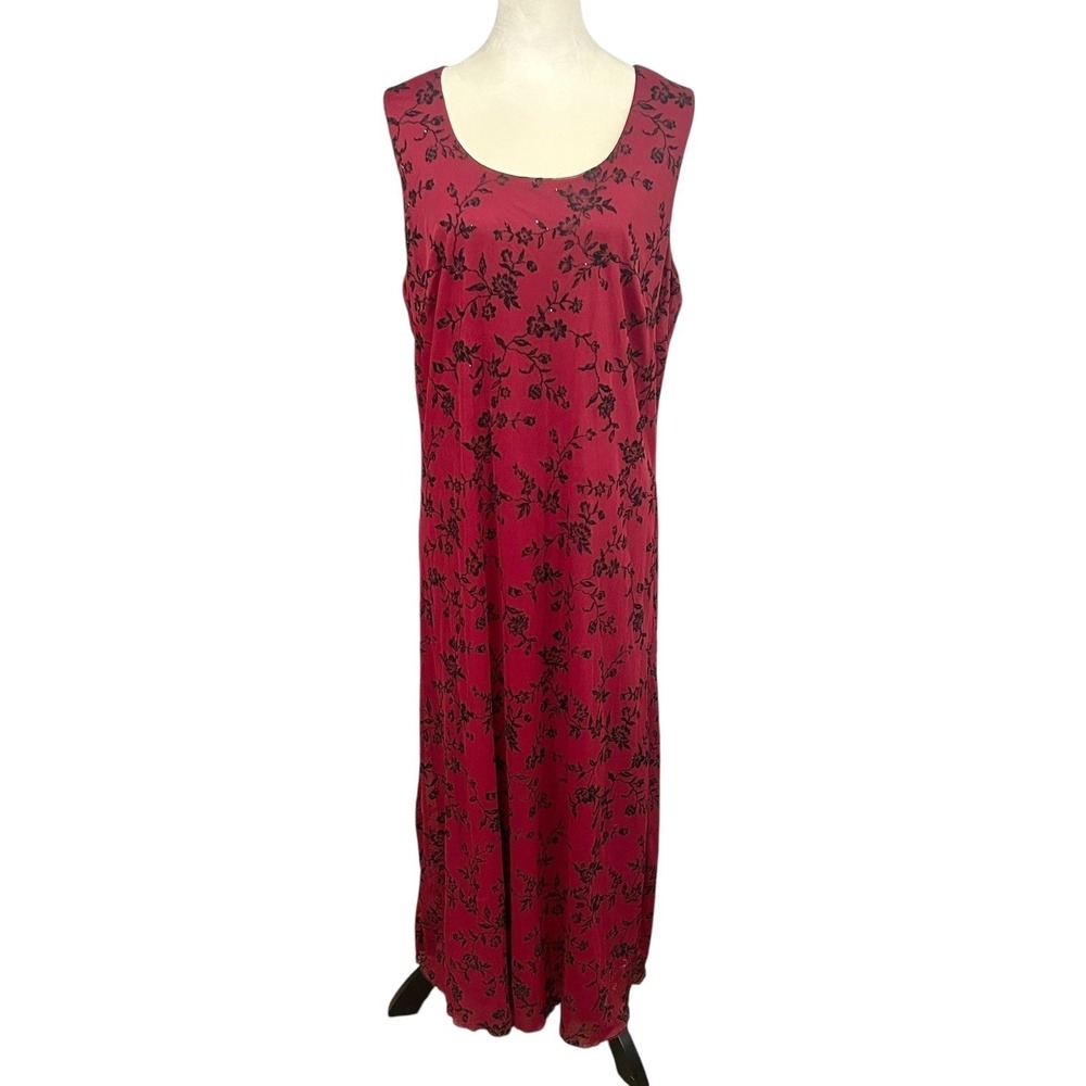 Burnout Velvet Floral Maxi Dress M Red Black Y2K Goth Evening Glam Whimsigoth